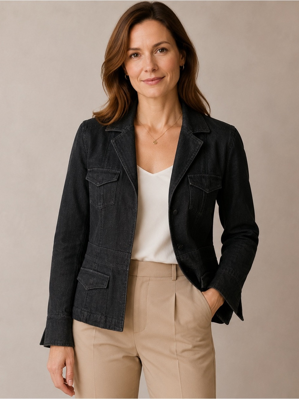 Talbots Stretch Dark Wash Denim Blazer Four Pocket Jacket Size 10